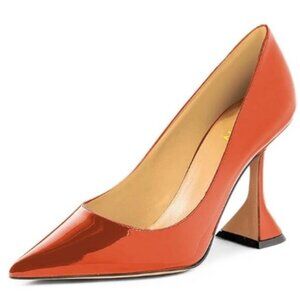 YDN Women Pointed Toe Slip on Pumps Special Kitten High Heel Shoe Orange Red